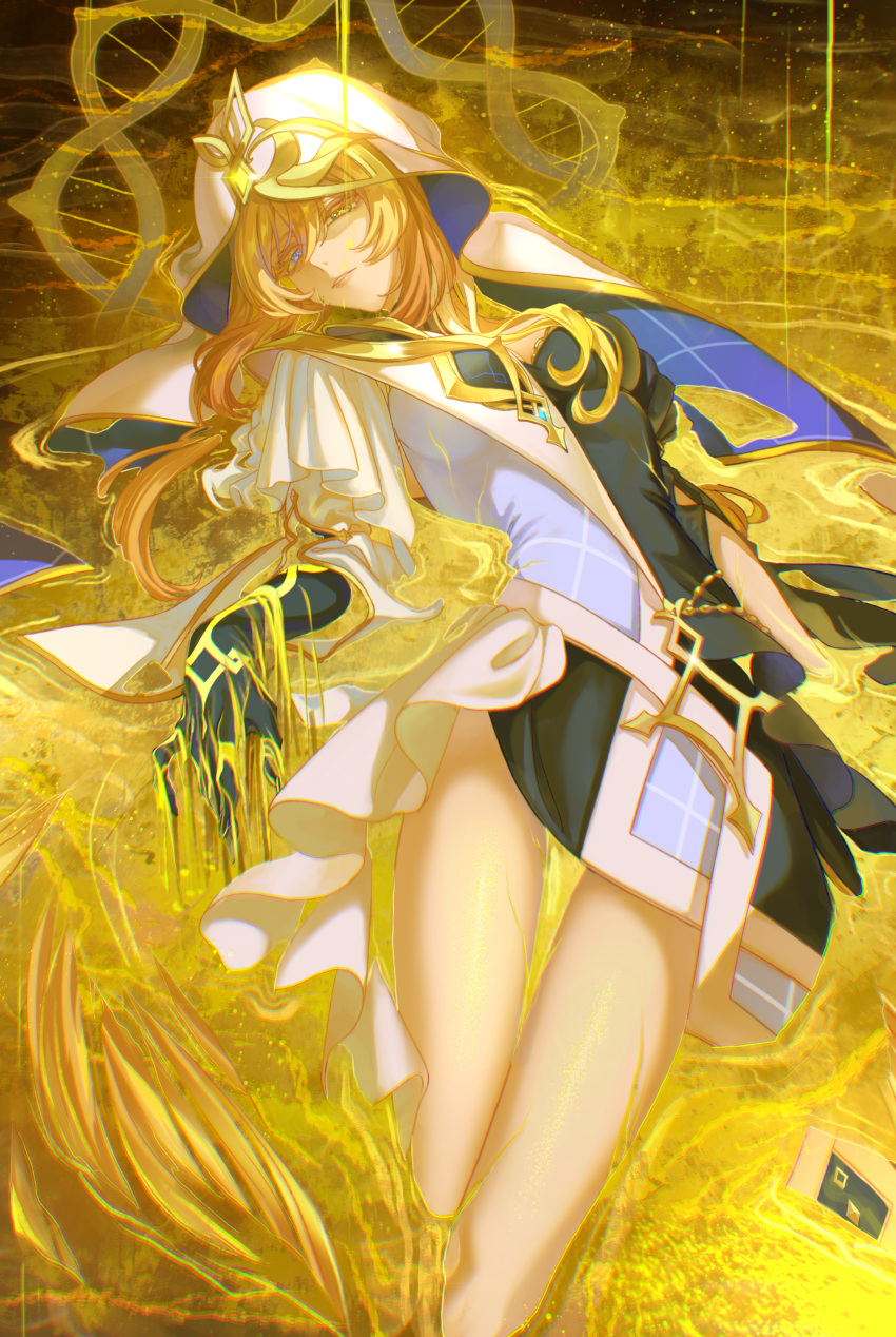 1girl, absurdres, blonde_hair, boin_burin, commentary, dress, from_above, genshin_impact
