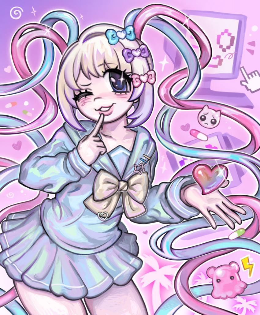 1girl, blonde_hair, blue_bow, blue_eyes, blue_hair, blue_serafuku, blue_skirt, bow