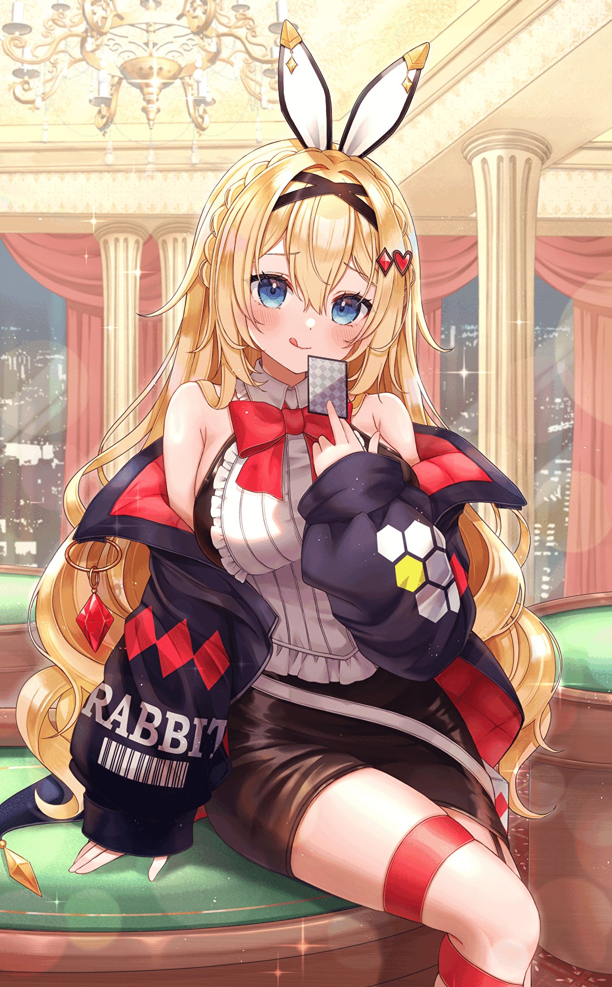 1girl, :p, animal_ear_hairband, animal_ears, blonde_hair, blue_eyes, botamochi_(botabutasan), breasts
