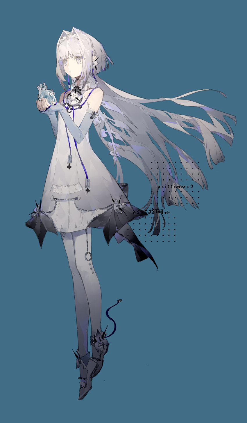 1girl, absurdres, blue_background, braid, dress, eyelashes, floating_hair, full_body