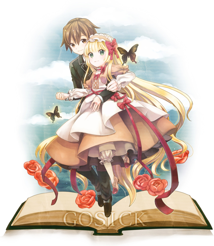 1girl, amri, bad_id, bangs, blonde_hair, bloomers, blunt_bangs, book, bow, brown_eyes, brown_hair, butterfly, cloud, couple, dress, flower, frills, gosick, hand_holding, highres, holding_hands, kujou_kazuya, lolita_fashion, long_hair, looking_at_viewer, ribbon, shoes, very_long_hair, victorica_de_blois