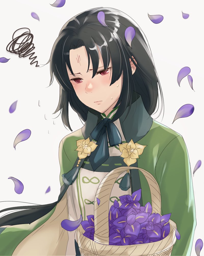 1boy, bishounen, black_hair, closed_mouth, commentary_request, facial_mark, falling_petals, fire_emblem