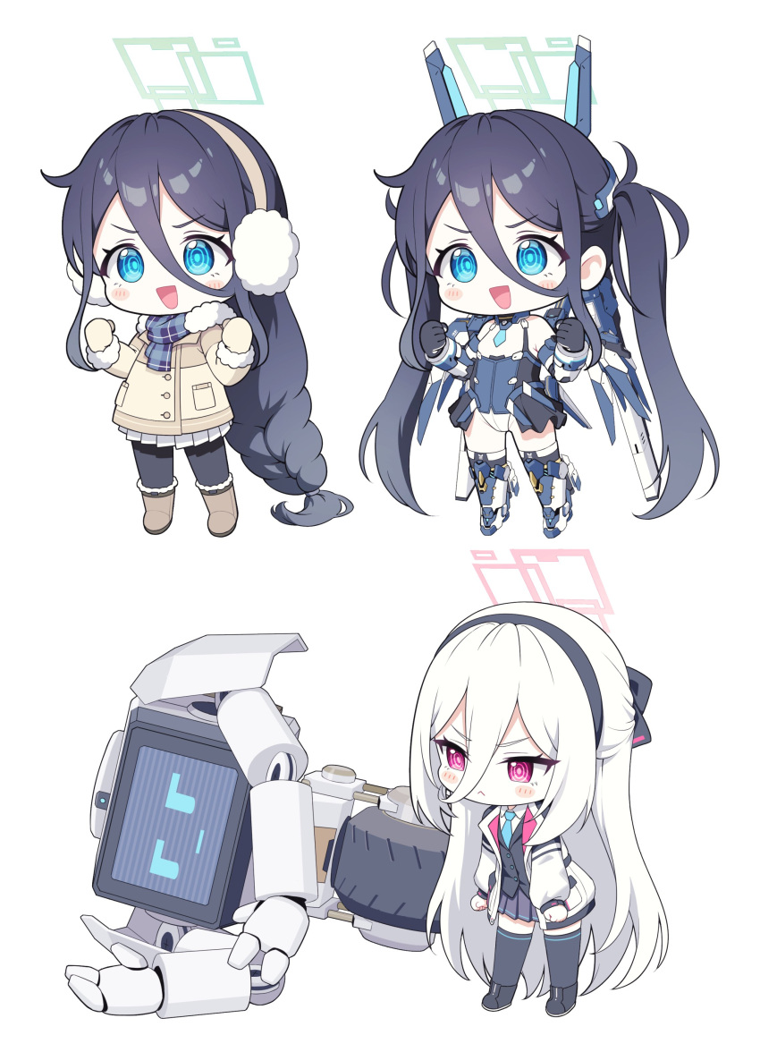 :<, :d, absurdres, aqua_halo, aris_(armed)_(blue_archive), aris_(blue_archive), aris_(winter)_(blue_archive), black_gloves