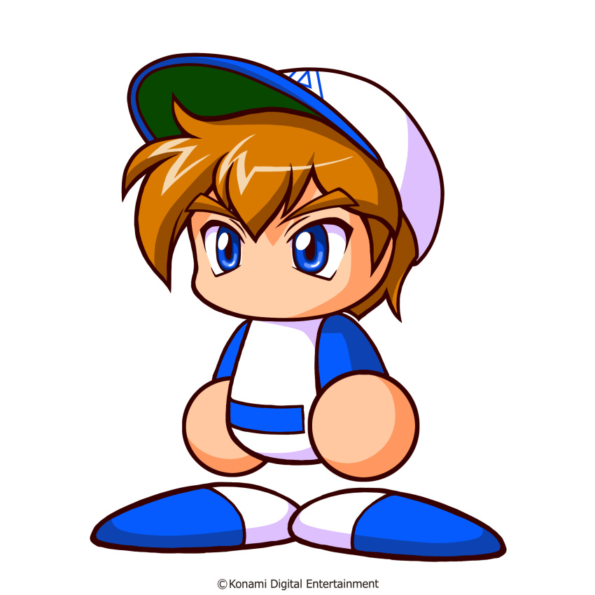 1boy, artist_request, baseball_cap, baseball_uniform, blue_eyes, blue_hat, blue_shirt, blue_shoes, brown_hair, copyright_notice, hat, highres, ikari_mamoru, jikkyou_powerful_pro_yakyuu, jikkyou_powerful_pro_yakyuu_(style), multicolored_hat, multicolored_shirt, multicolored_shoes, no_mouth, official_art, rayman_limbs, shirt, shoes, short_hair, solo, sportswear, thick_eyebrows, two-tone_shoes, white_hat, white_shirt, white_shoes