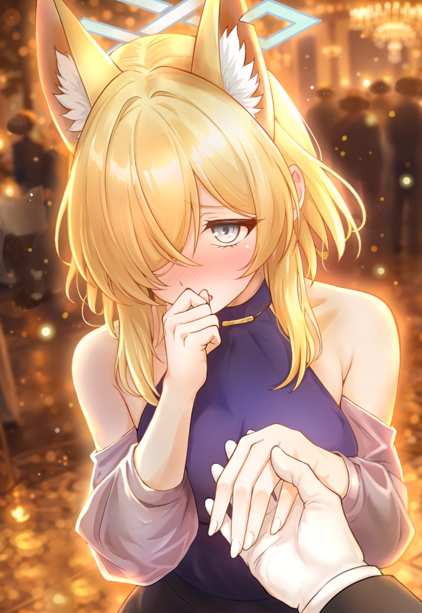 1boy, 1girl, alternate_costume, animal_ear_fluff, animal_ears, bare_shoulders, blonde_hair, blue_archive, blue_eyes, blue_halo, blush, breasts, commentary_request, covering_own_mouth, crowd, detached_sleeves, dog_ears, dog_girl, extra_ears, hair_over_one_eye, halo, halterneck, highres, ka_(pixiv50193712), kanna_(blue_archive), large_breasts, looking_at_viewer, notched_ear, offering_hand, open_mouth, pov, pov_hands, purple_shirt, purple_sleeves, shirt, short_hair, solo_focus, taking_another's_hand, upper_body