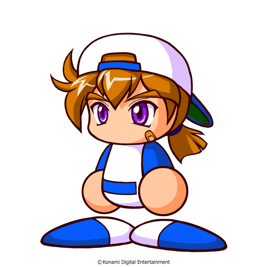 1boy, artist_request, bandaid, bandaid_on_cheek, bandaid_on_face, baseball_cap, baseball_uniform, blue_hat, blue_shirt, blue_shoes, brown_hair, copyright_notice, hat, highres, ikari_susumu, jikkyou_powerful_pro_yakyuu, jikkyou_powerful_pro_yakyuu_(style), low_ponytail, multicolored_hat, multicolored_shirt, multicolored_shoes, no_mouth, official_art, ponytail, rayman_limbs, shirt, shoes, solo, sportswear, thick_eyebrows, two-tone_shirt, two-tone_shoes, violet_eyes, white_hat, white_shirt, white_shoes