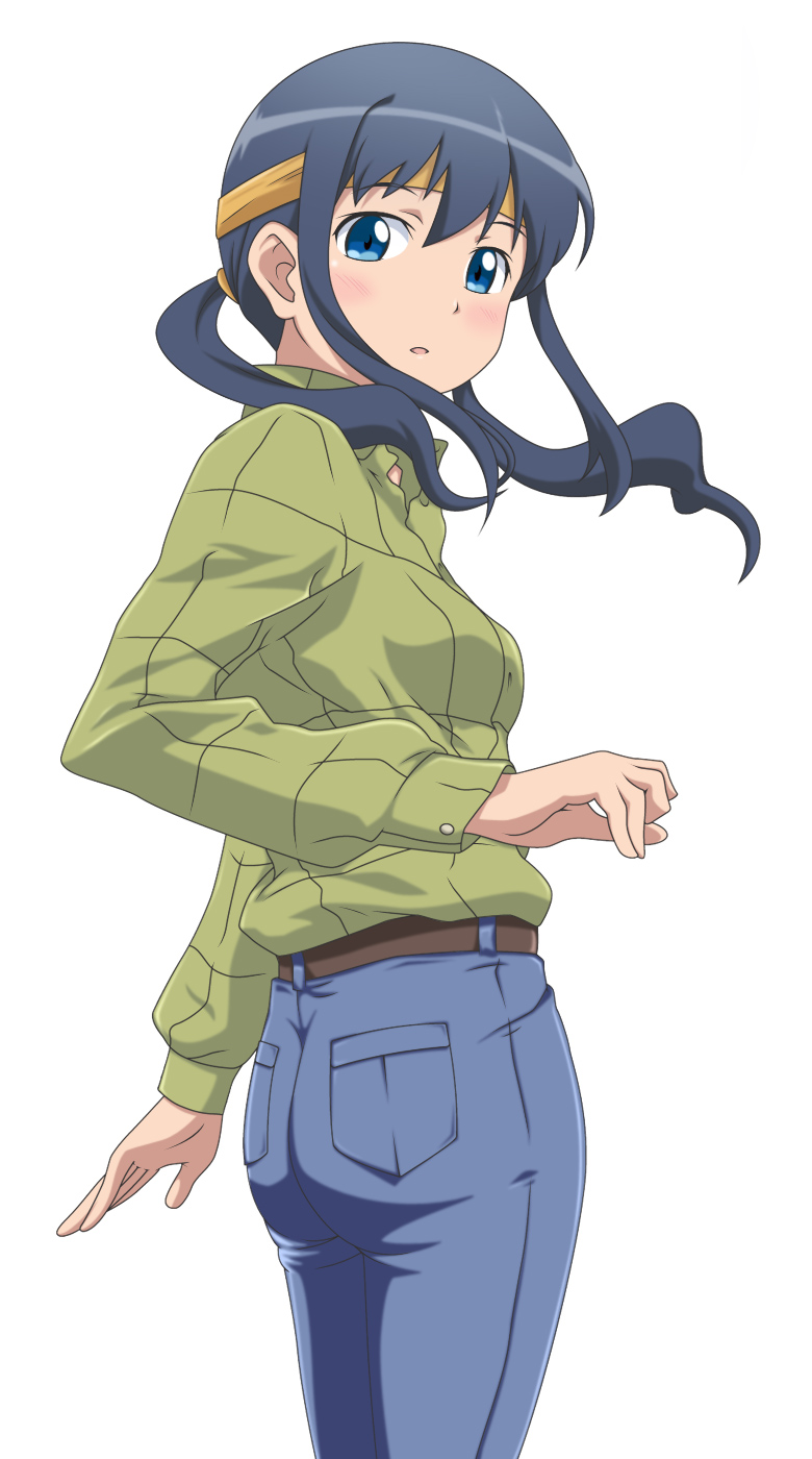 ass, blue_hair, face, headband, highres, jeans, long_hair, looking_back