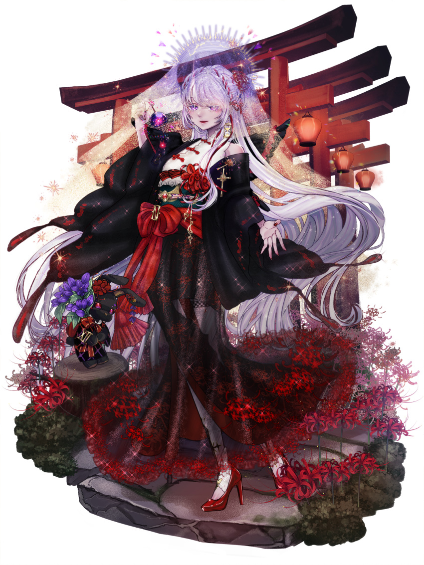 1girl, azur_(sky_high), chain_paradox, dark_persona, flower, full_body, hair_ribbon, halo, high_heels, highres, holding_wind_chime, lantern, long_hair, lulila_rhapsodia, multiple_torii, obi, paper_lantern, red_nails, red_ribbon, ribbon, sash, solo, spider_lily, stuffed_animal, stuffed_rabbit, stuffed_toy, torii, very_long_hair, violet_eyes, white_hair, wind_chime