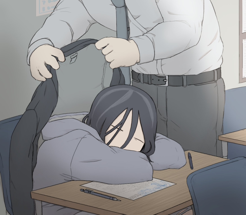 1boy, 1other, alternate_universe, angel_martinez, classroom, clinical_trial_(game), desk, hashtag-only_commentary