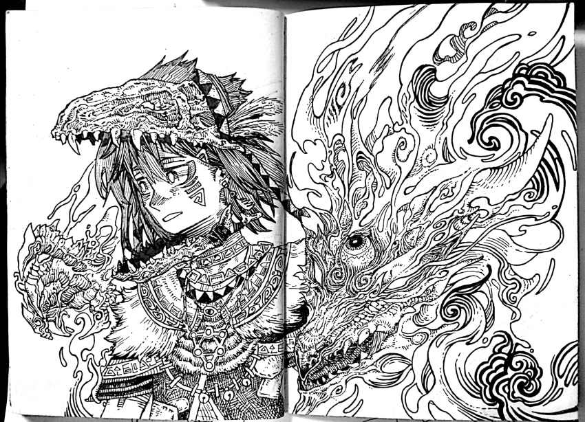 1girl, alternate_costume, animal_skull, arm_around_shoulder, bright_pupils, commentary_request, crease, earrings