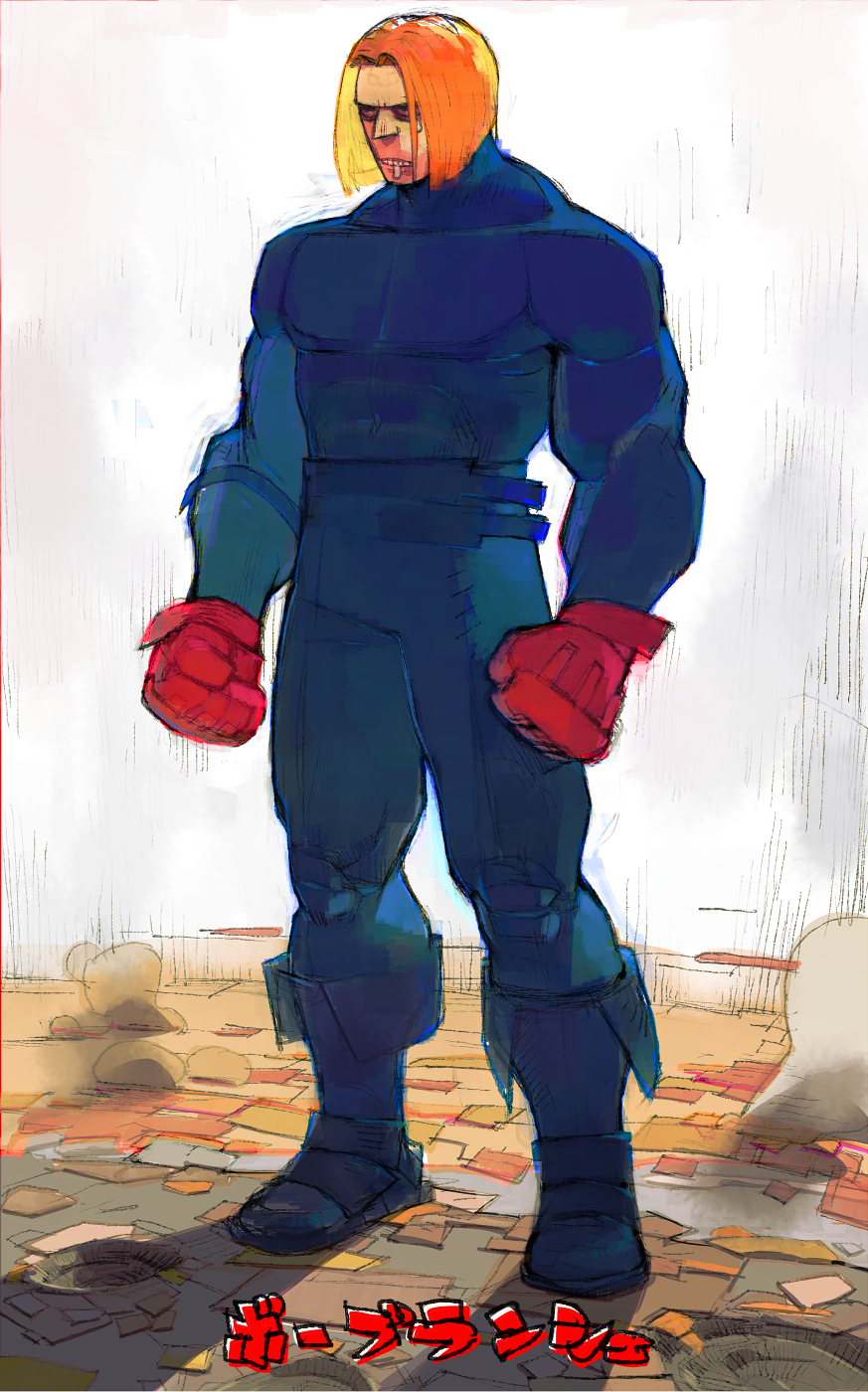 1boy, blonde_hair, bo_brantz, boots, clenched_hands, commentary, gloves, highres, red_gloves, saliva, short_hair, single_tear, solo, spriggan_(manga), teeth, umezawa_michiko