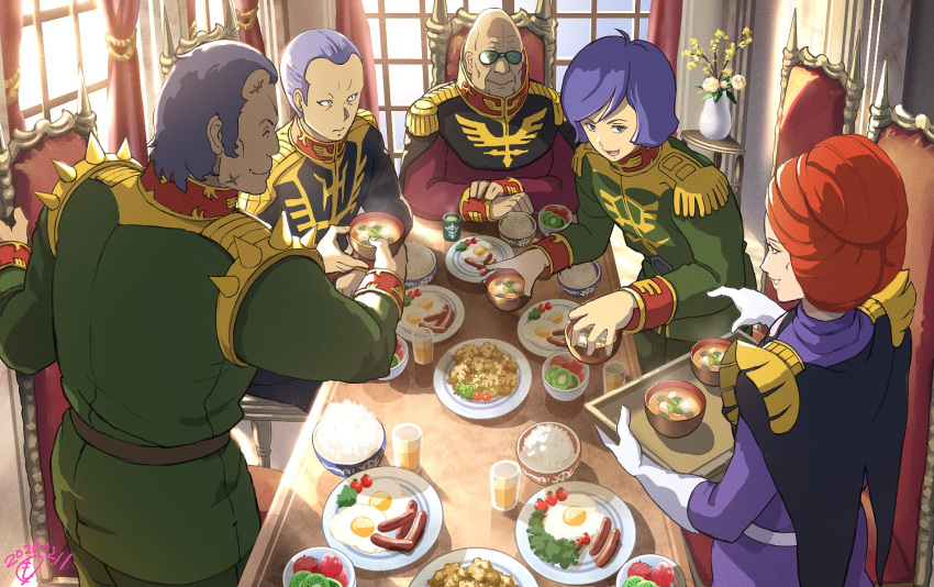 1girl, 4boys, arms_on_table, bald, black_capelet, black_eyes, black_jacket, blush