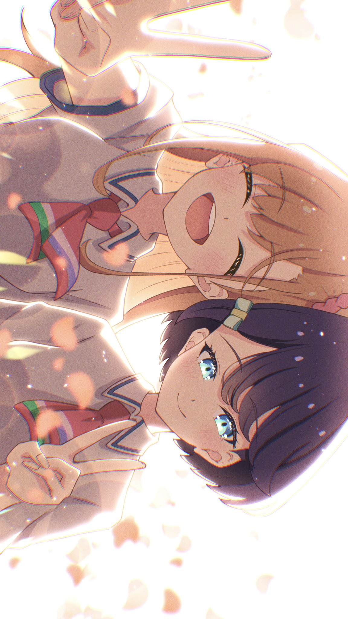 2girls, azabu_mai, backlighting, blue_eyes, blue_hair, closed_eyes, commentary_request, hair_ornament