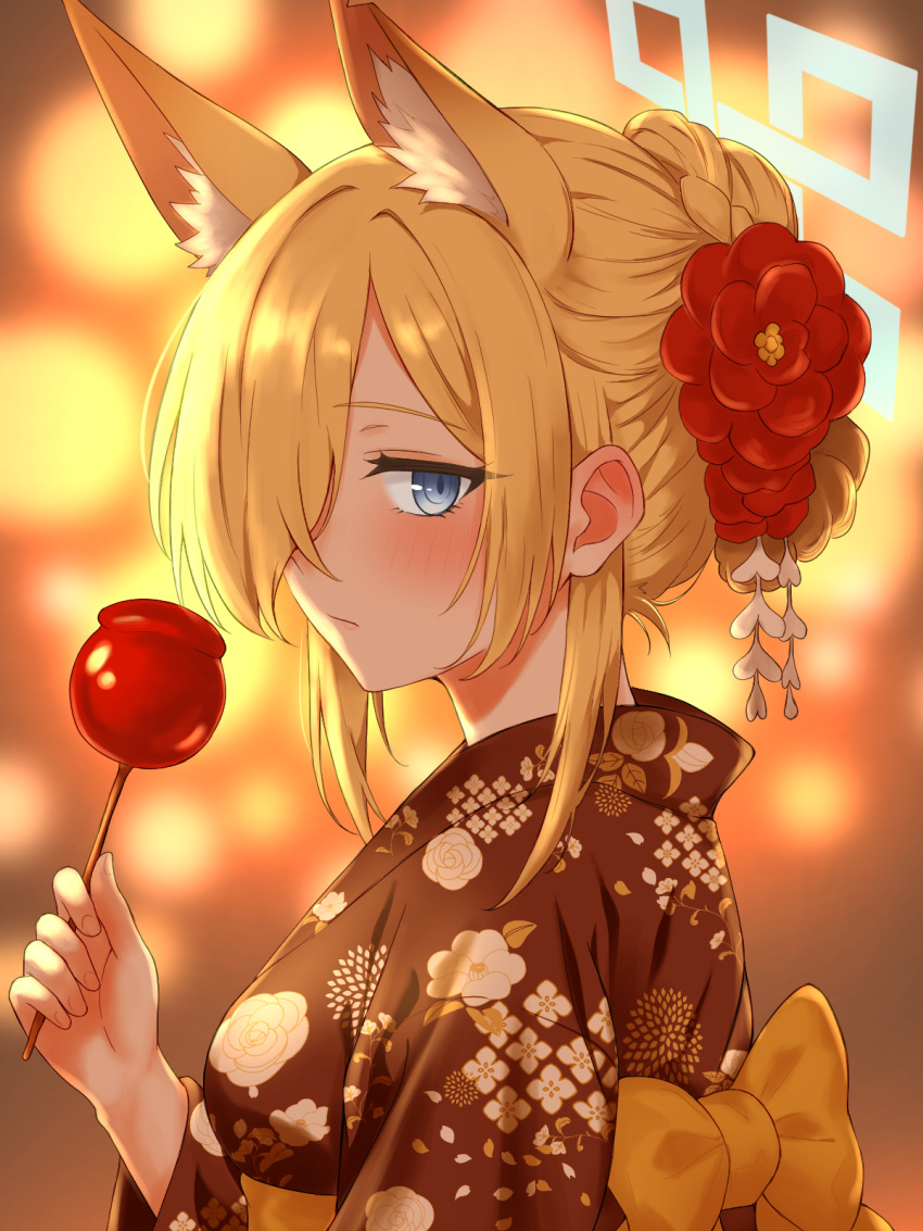 1girl, alternate_costume, animal_ear_fluff, animal_ears, blonde_hair, blue_archive, blue_eyes, blue_halo