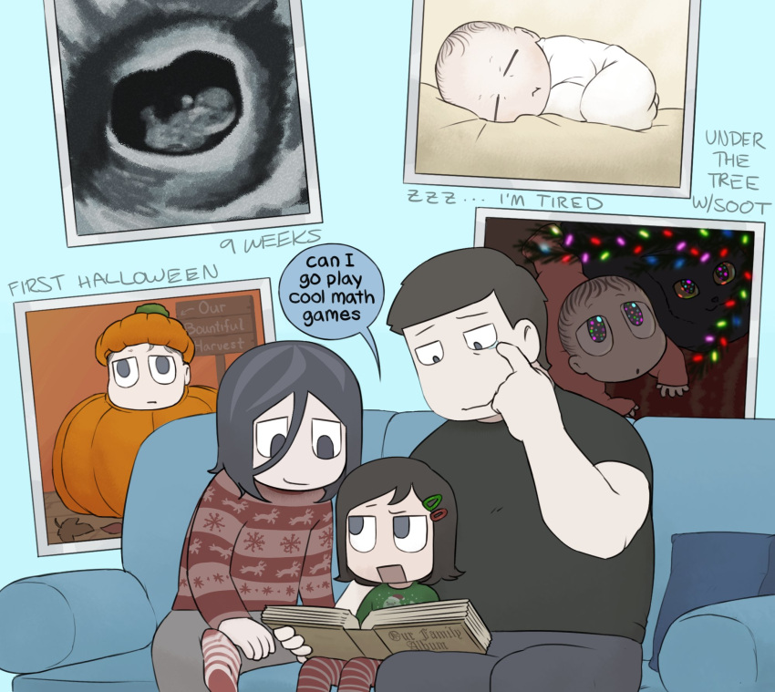 1boy, 1girl, 1other, aisha_(burbunaranjo), angel_martinez, baby, book, cat