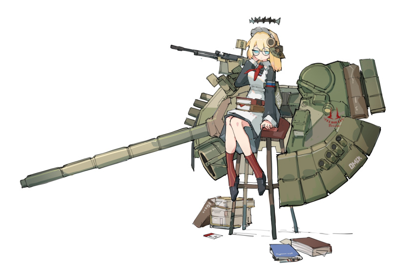 absurdres, blonde_hair, blue_eyes, book, cannon, flag_armband, frider, glasses