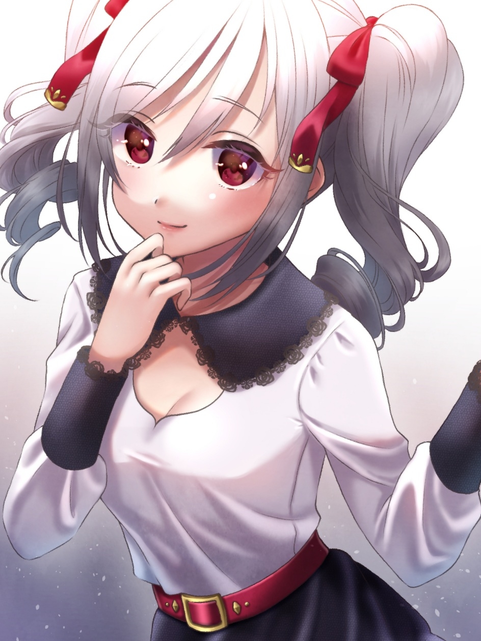 1girl, ayn_(ayn_kau), belt, blush, breasts, commentary_request, drill_hair, grey_hair