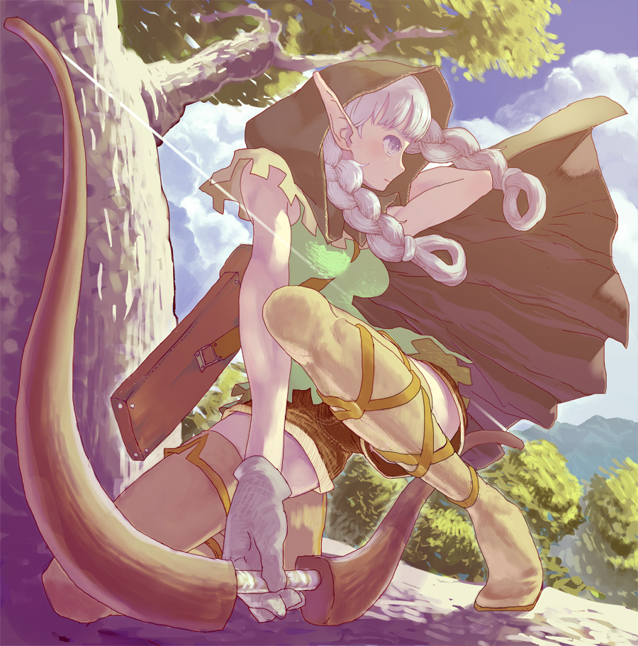 boots, bow_(weapon), braid, cloak, cloud, dragon's_crown, dragon's_crown, elf