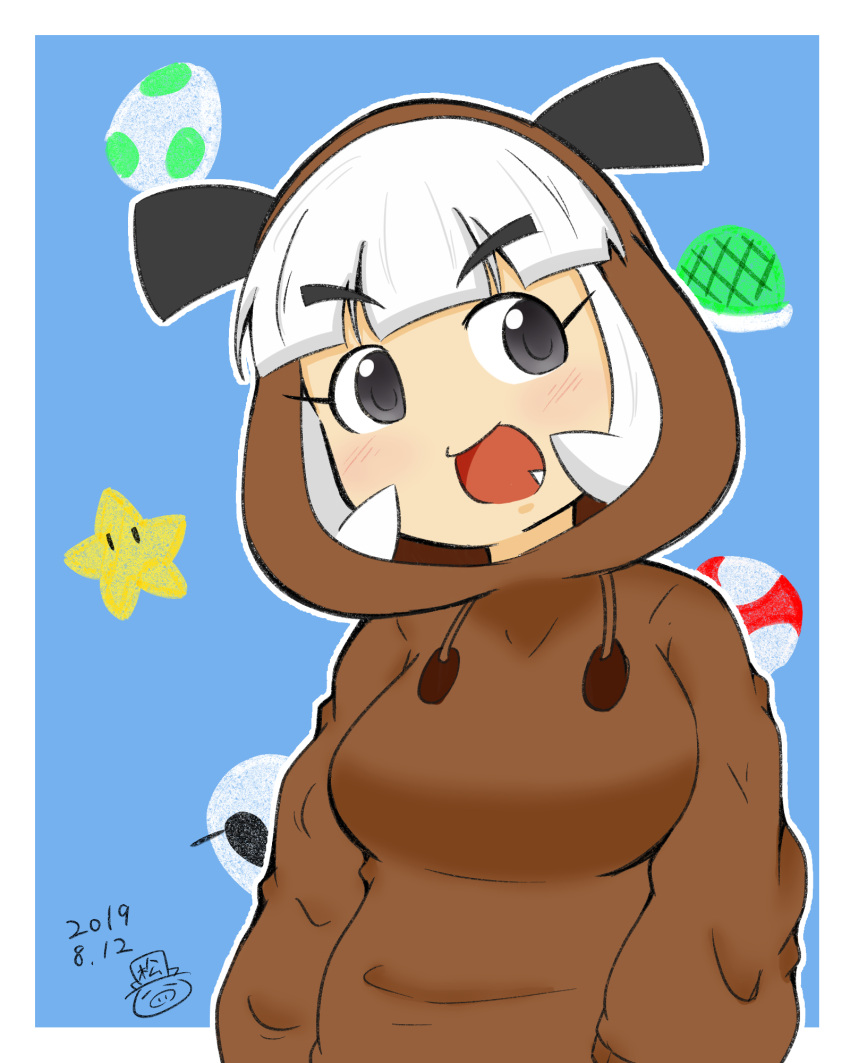 2019, black_eyes, blue_background, blunt_bangs, blush, border, breasts, brown_hoodie, commentary_request, dated, fang, goomba, green_shell_(mario), highres, hood, hood_up, hoodie, large_breasts, long_sleeves, ma2san029, medium_hair, minuspal, open_mouth, outside_border, personification, signature, simple_background, super_mario_bros., super_mushroom, super_star_(mario), turtle_shell, white_border, white_hair, yoshi_egg
