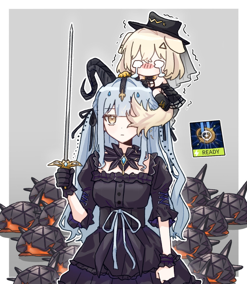 2girls, animal_ears, arknights, at_09098, bang_dream!, bang_dream!_it's_mygo!!!!!, black_gloves, black_hat