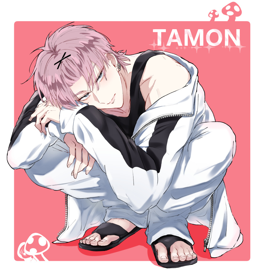 1boy, black_tank_top, border, character_name, closed_mouth, commentary_request, earrings, fukuhara_tamon