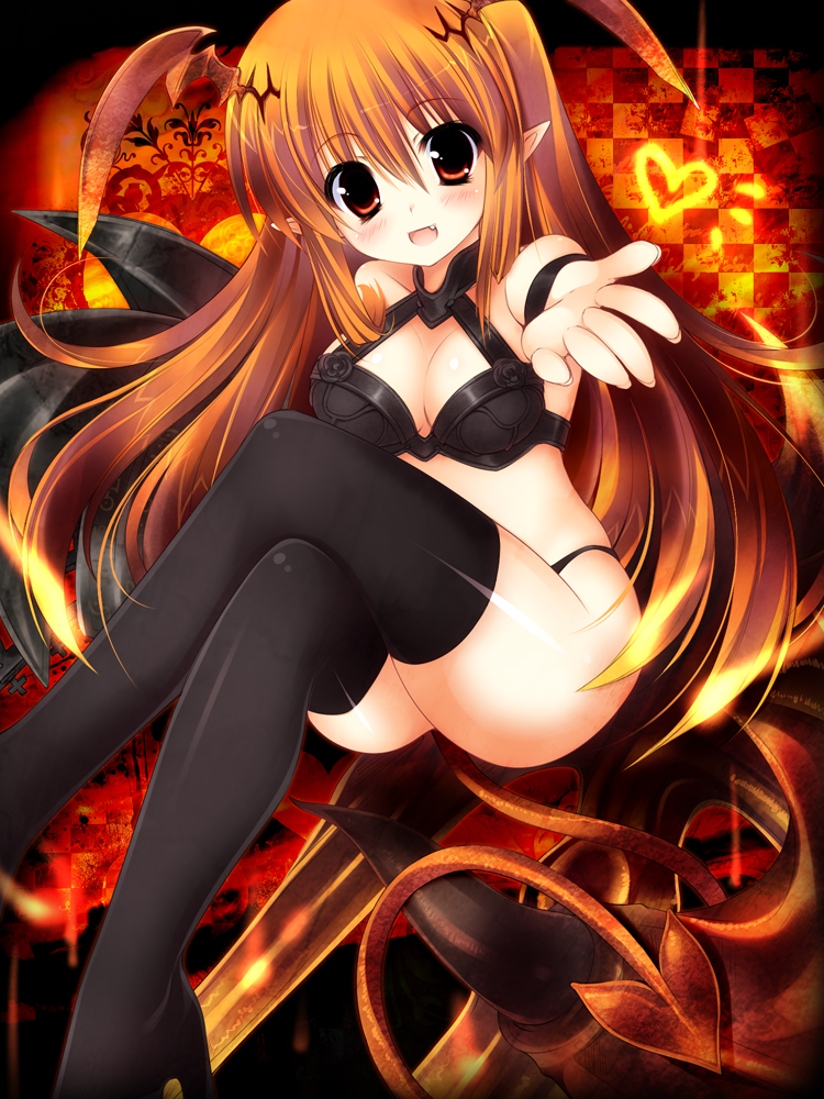 blush, breasts, brown_eyes, brown_hair, cleavage, crossed_legs, demon_girl, demon_tail, fang, head_wings, legs_crossed, long_hair, lord_of_vermilion, ojitcha, open_mouth, outstretched_arm, outstretched_hand, pointy_ears, sitting, solo, succubus, succubus_(lord_of_vermilion), tail, thigh-highs, thighhighs