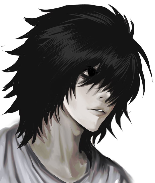 1boy, black_eyes, black_hair, commentary_request, death_note, hair_over_one_eye, humbucker_7, korean_commentary