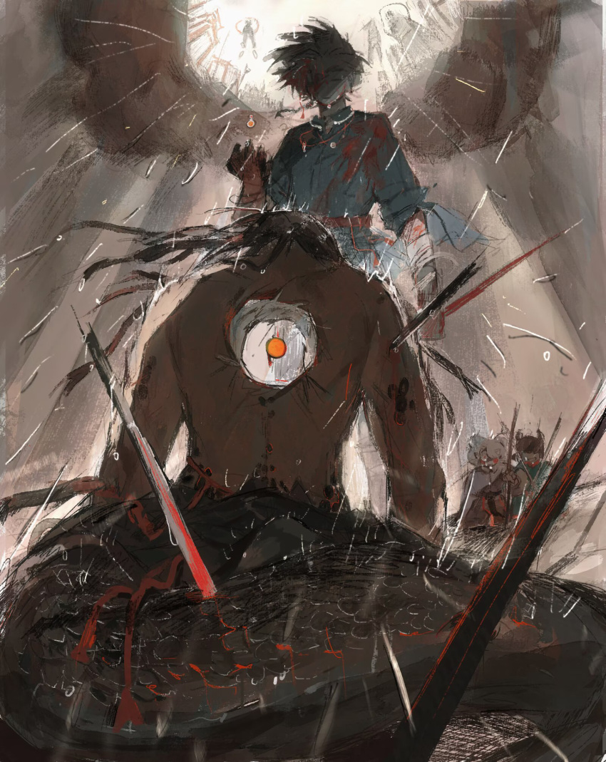 6+boys, animal_ears, blood, commentary, english_commentary, highres, hole_in_chest, hole_on_body