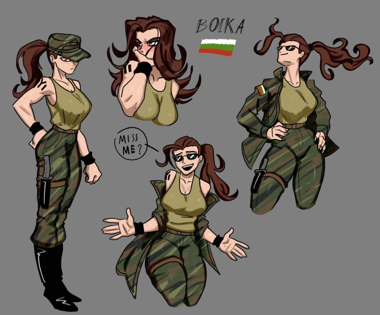 1girl, belt, boika_(snow_draw), boots, breasts, brown_hair, bulgarian_flag, camouflage