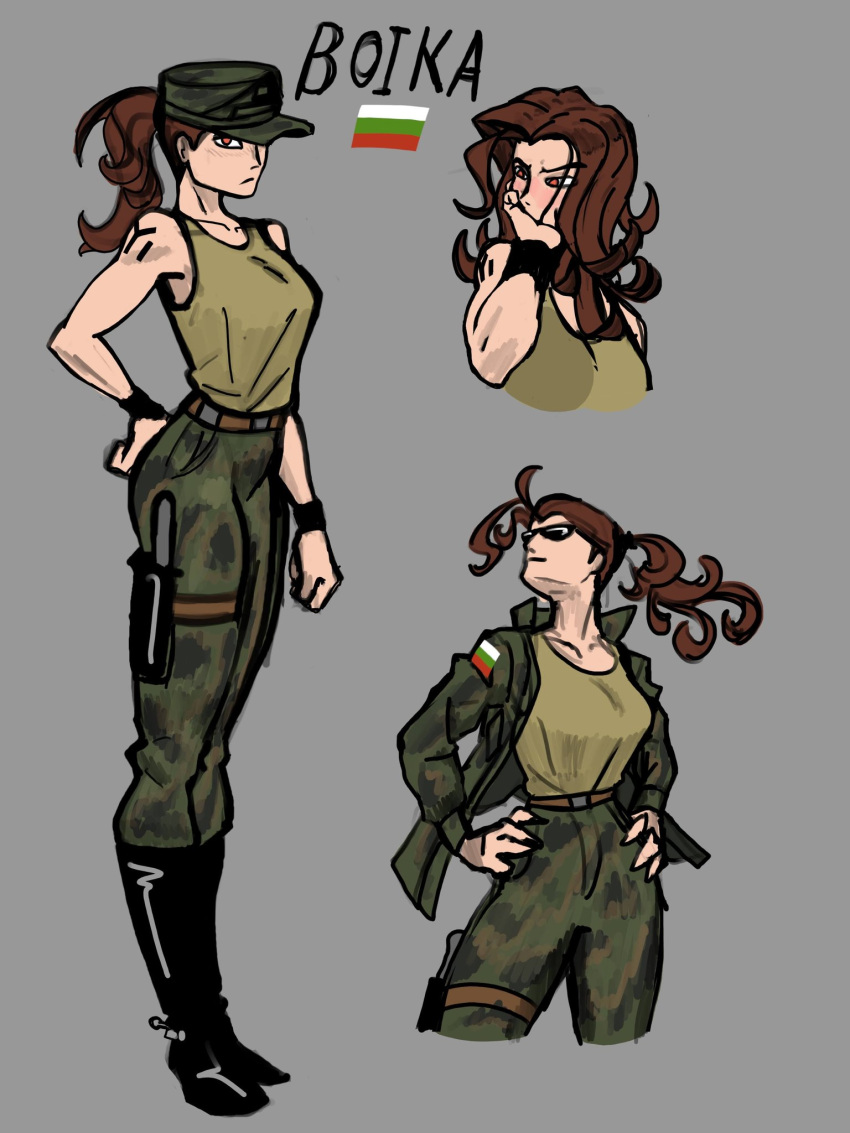 1girl, belt, boika_(snow_draw), boots, breasts, brown_hair, bulgarian_flag, camouflage