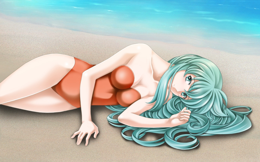 aqua_eyes, aqua_hair, bare_shoulders, beach, breasts, casual_one-piece_swimsuit, cleavage, eirika