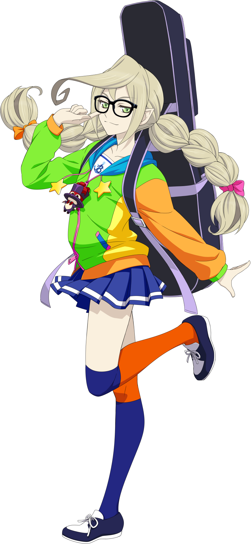 1girl, adjusting_eyewear, artist_request, bienfu_(tales), black-framed_eyewear, black_shoes, blonde_hair, blue_skirt