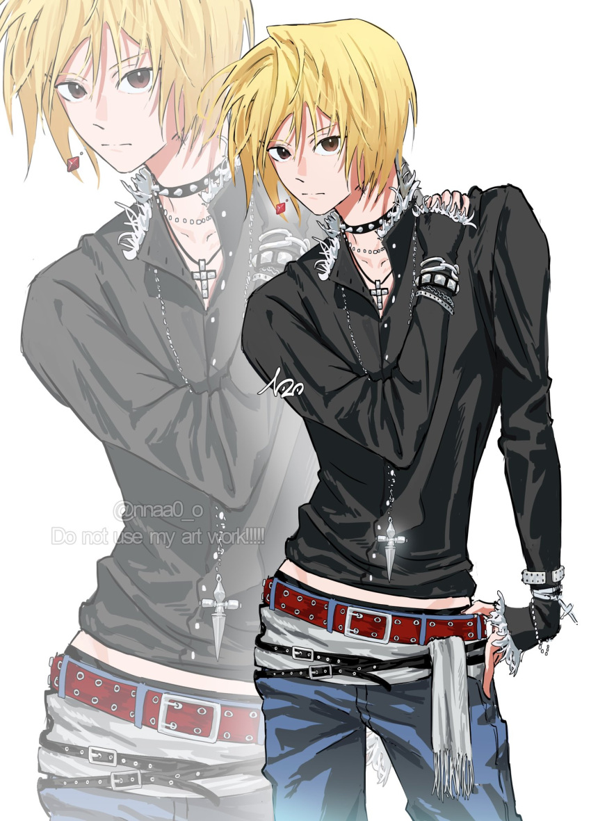 1boy, alternate_costume, belt, black_choker, black_shirt, blonde_hair, brown_eyes, choker, closed_mouth, cross, cross_necklace, denim, earrings, fur-trimmed_shirt, fur_trim, hand_on_own_hip, hand_on_own_shoulder, hashtag-only_commentary, highres, hunter_x_hunter, jeans, jewelry, kurapika, long_necklace, male_focus, midriff_peek, multiple_necklaces, necklace, nnaa0_o, pants, partially_unbuttoned, pearl_necklace, red_belt, shirt, short_hair, simple_background, solo, spiked_choker, spikes, twitter_username, white_background, zoom_layer