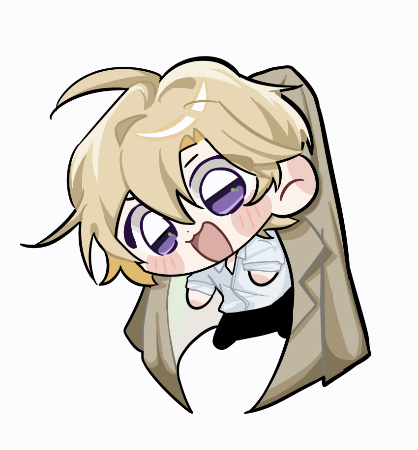 1girl, :3, :d, absurdres, baimu16549, black_pants, blonde_hair, blush_stickers