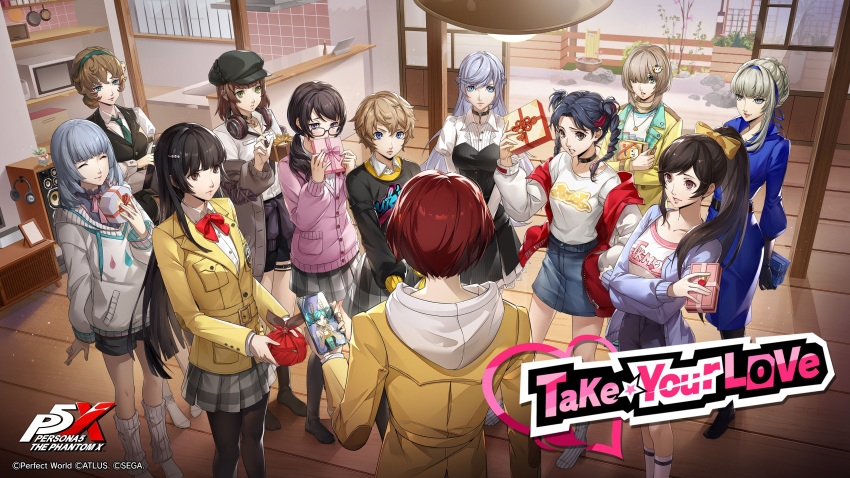 1boy, 6+girls, absurdres, angry, arai_motoha, artist_request, black-framed_eyewear, black_gloves