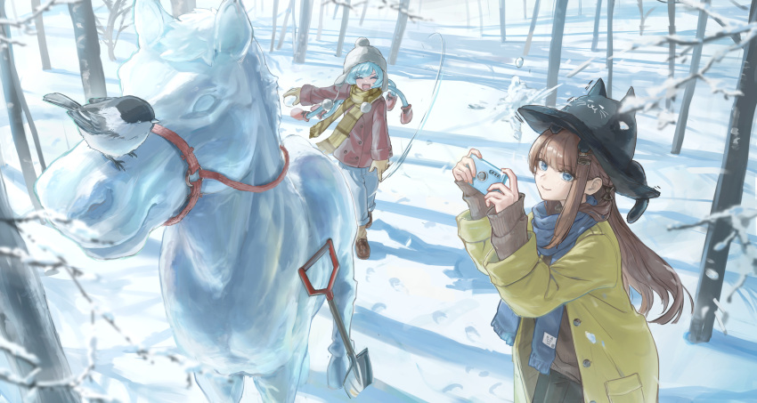 2girls, animal_hat, bird, black_hat, black_pants, blue_eyes, blue_hair, blue_pants