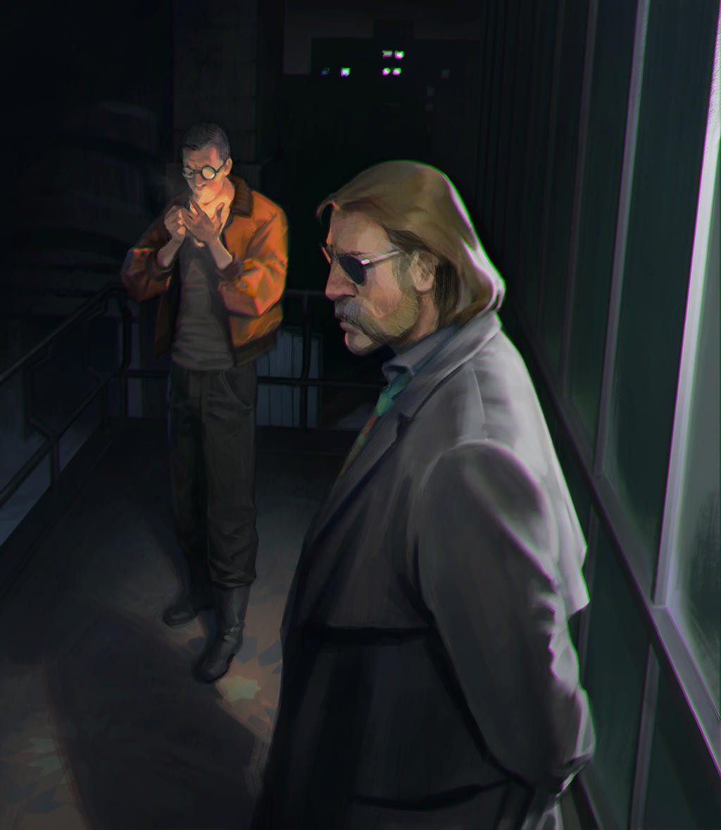 2boys, arms_behind_back, backlighting, balcony, black_coat, black_hair, bomber_jacket, brown_hair, buzz_cut, cigarette, coat, disco_elysium, facial_hair, fire, full_body, glowing, grey_shirt, hands_up, harry_du_bois, holding, holding_cigarette, horrific_necktie, jacket, kamila_shirinova, kim_kitsuragi, male_focus, multiple_boys, mutton_chops, night, orange_jacket, outdoors, round_eyewear, shirt, short_hair, smoking, standing, sunglasses, very_short_hair