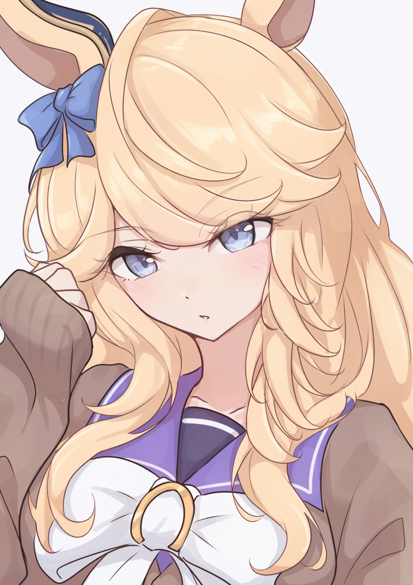 1girl, animal_ears, blonde_hair, blue_bow, blue_eyes, blush, bow, bowtie