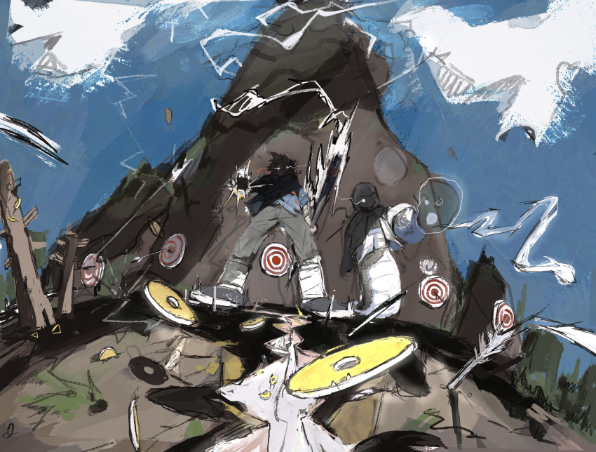 2boys, arrow_(projectile), blue_sky, commentary, english_commentary, from_below, glowing, glowing_eyes
