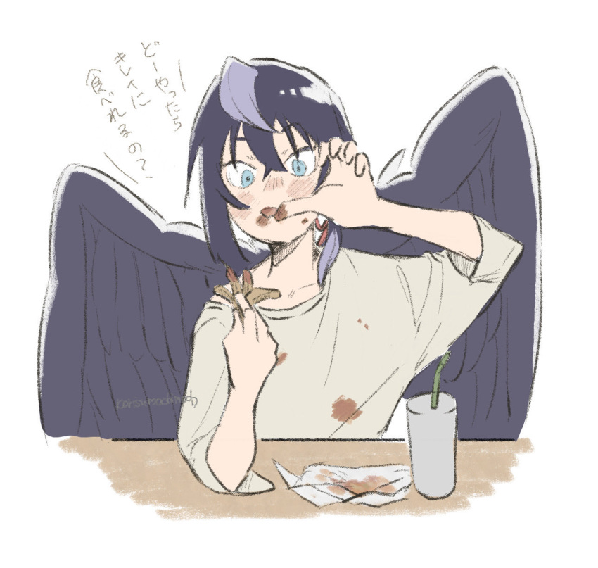 1boy, bird_boy, bird_wings, blue_eyes, blue_hair, commentary_request, eating, feathered_wings