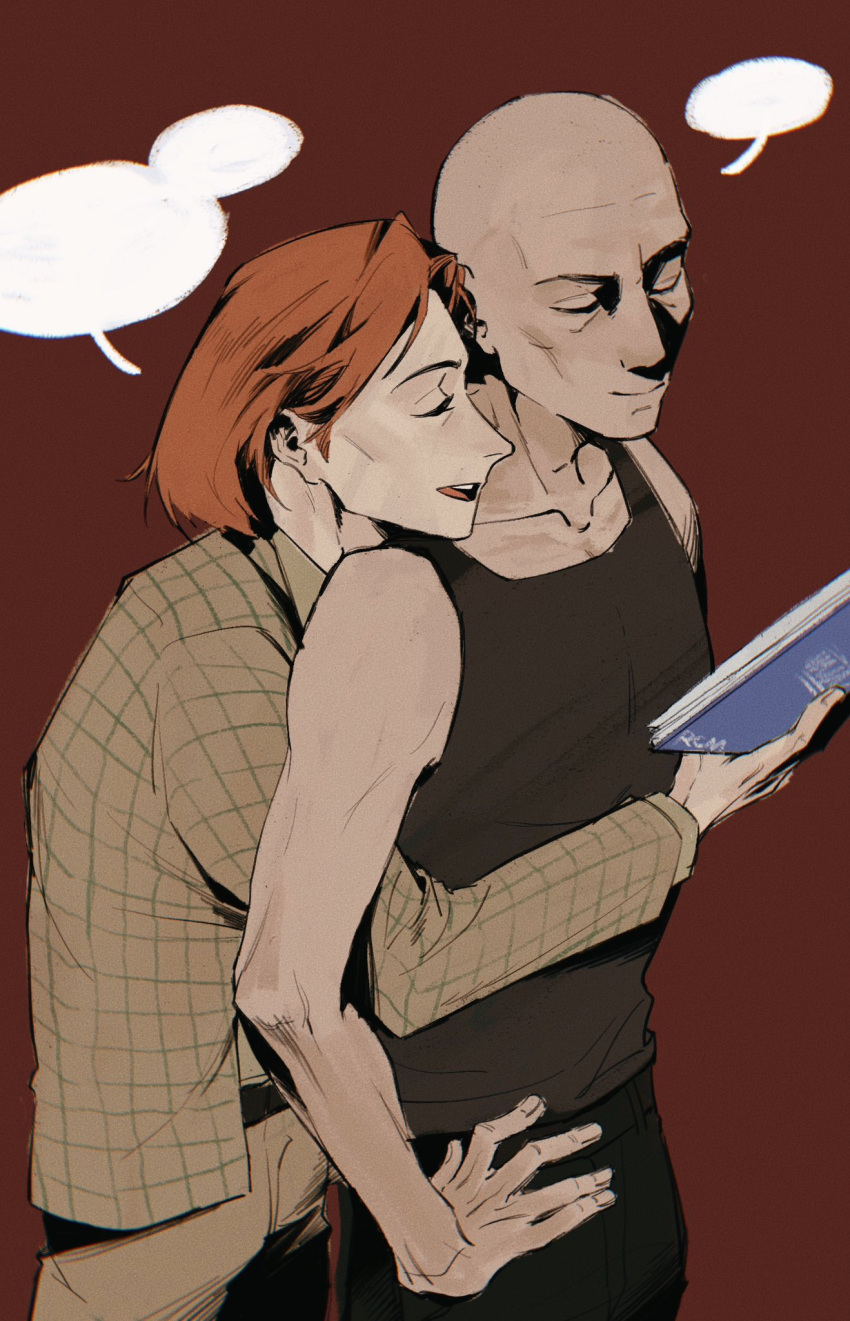 1boy, 1girl, bald, black_tank_top, blank_speech_bubble, bob_cut, brown_hair, cowboy_shot