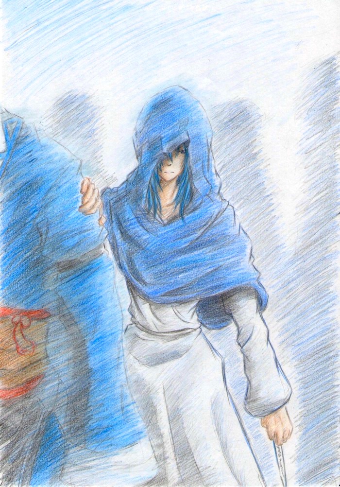 assassin's_creed, assassin's_creed, blade, blue_eyes, blue_hair, colored_pencil_(medium), commentary_request, esparda