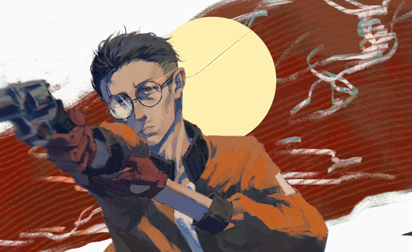 1boy, black_hair, bomber_jacket, buzz_cut, disco_elysium, facial_hair, glasses, gloves