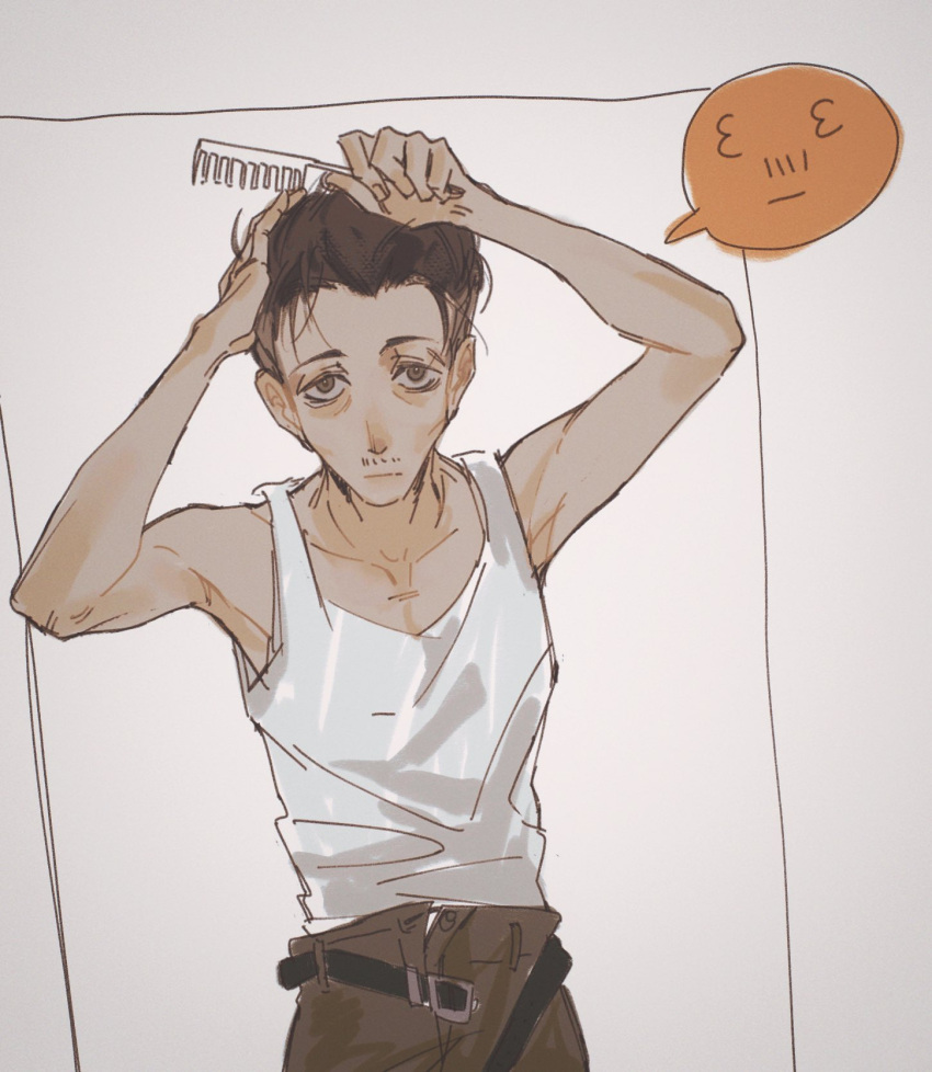 1boy, armpits, bags_under_eyes, belt, black_eyes, black_hair, brushing_hair, comb, cowboy_shot, disco_elysium, hand_up, hands_on_own_head, highres, holding, holding_comb, jidianfan, kim_kitsuragi, looking_at_viewer, male_focus, open_fly, shirt, short_hair, solo, tank_top, white_shirt