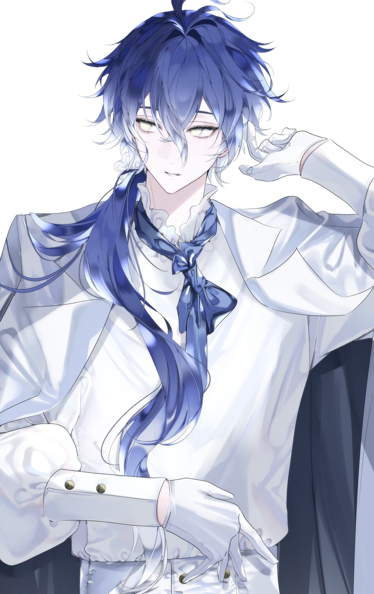 1boy, alternate_costume, arm_up, blue_ribbon, cape, collar, cowboy_shot, double-parted_bangs