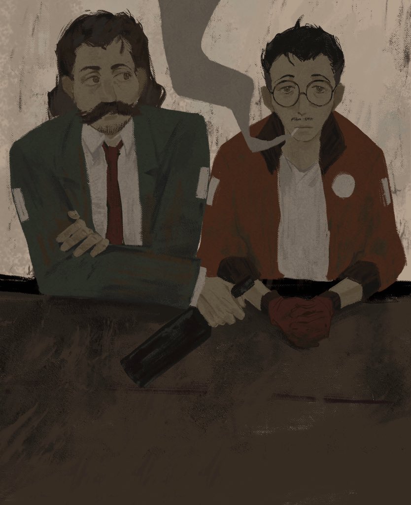 2boys, black_hair, blazer, bomber_jacket, bottle, brown_hair, cigarette, collared_shirt
