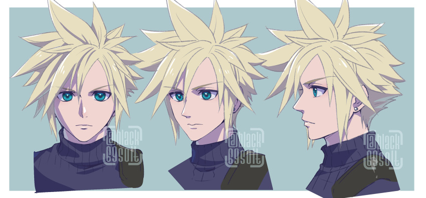1boy, black69solt, blonde_hair, blue_eyes, blue_sweater, closed_mouth, cloud_strife, commentary_request