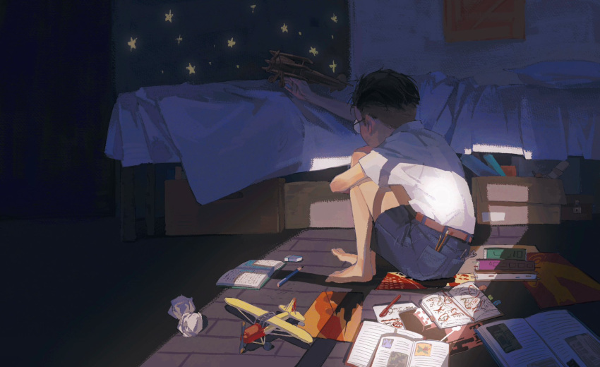 1boy, aged_down, aircraft, airplane, barefoot, bed, bedroom, belt