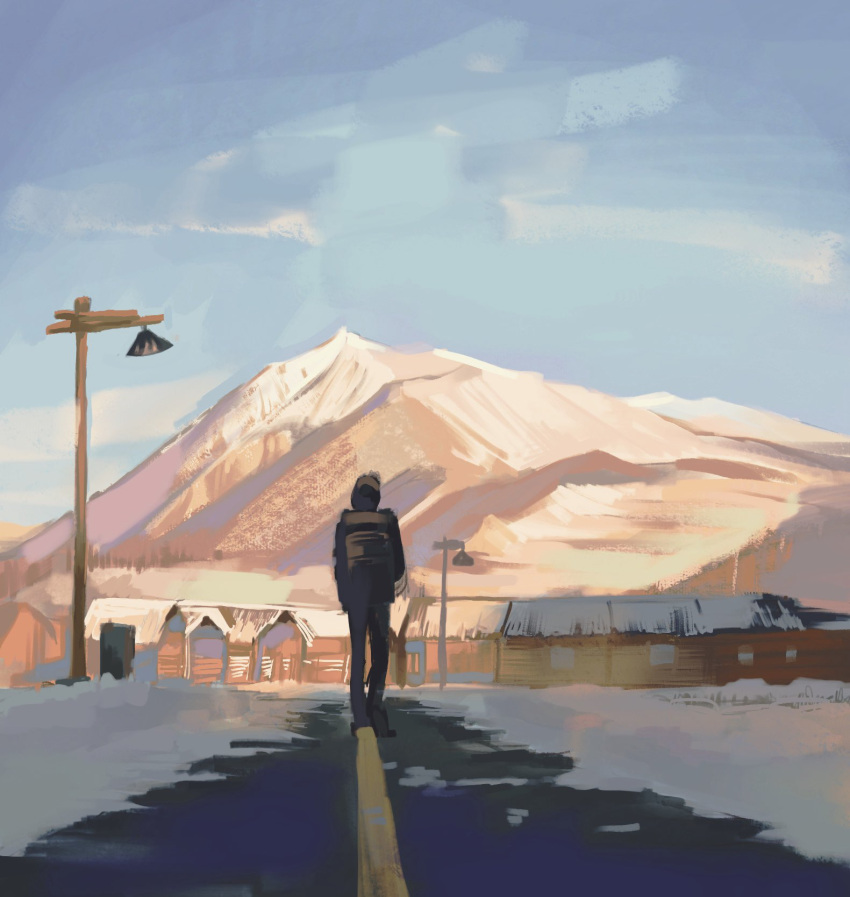 1other, ambiguous_gender, blue_sky, building, clear_sky, commentary_request, from_behind, highres