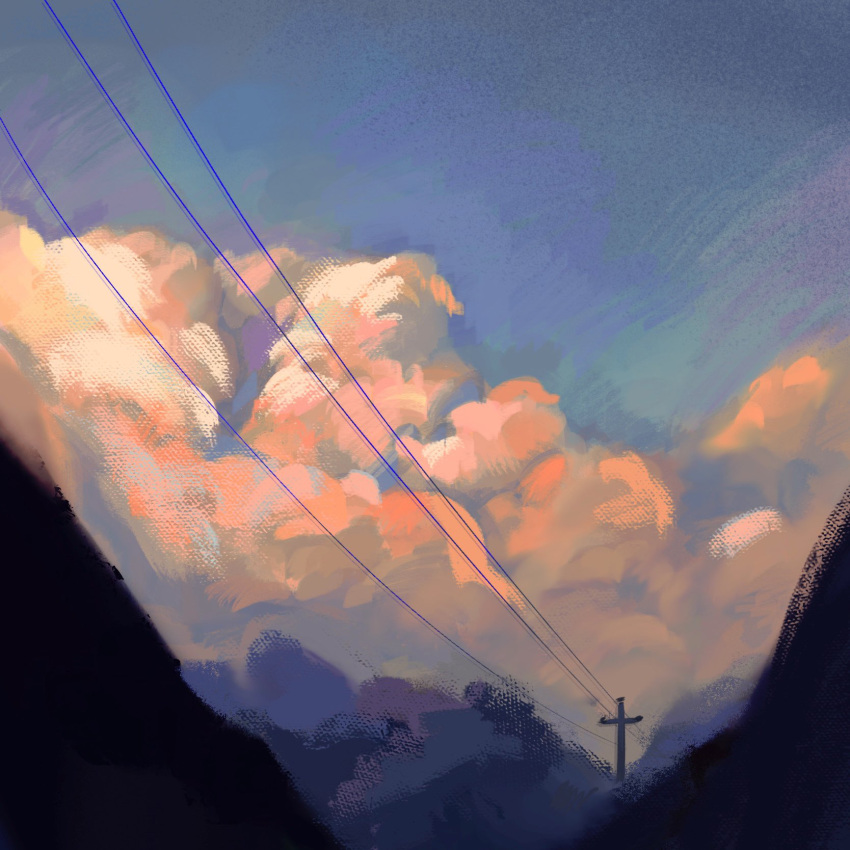 blue_sky, clouds, cloudy_sky, commentary_request, highres, jidianfan, mountainous_horizon, no_humans